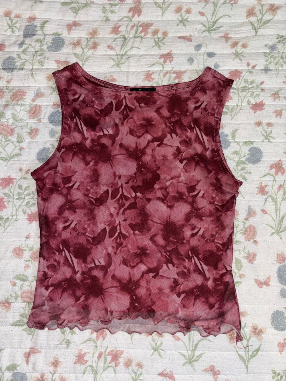 Women’s Sleeveless Floral Mesh Tank Top - Burgundy